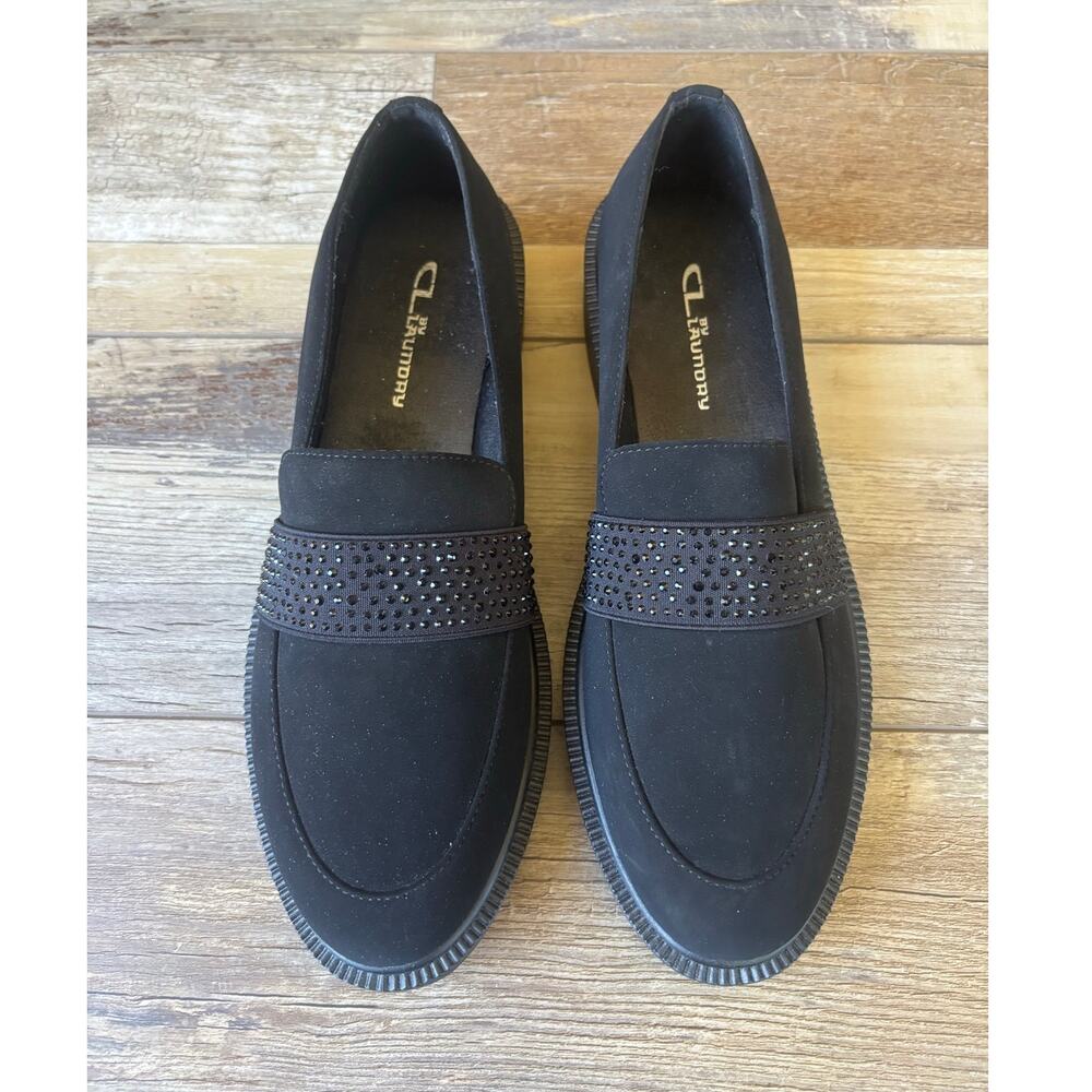 CL by LAUNDRY Sz 9M Loafer Felt Like Fabric with Rhinestone Decoration Black